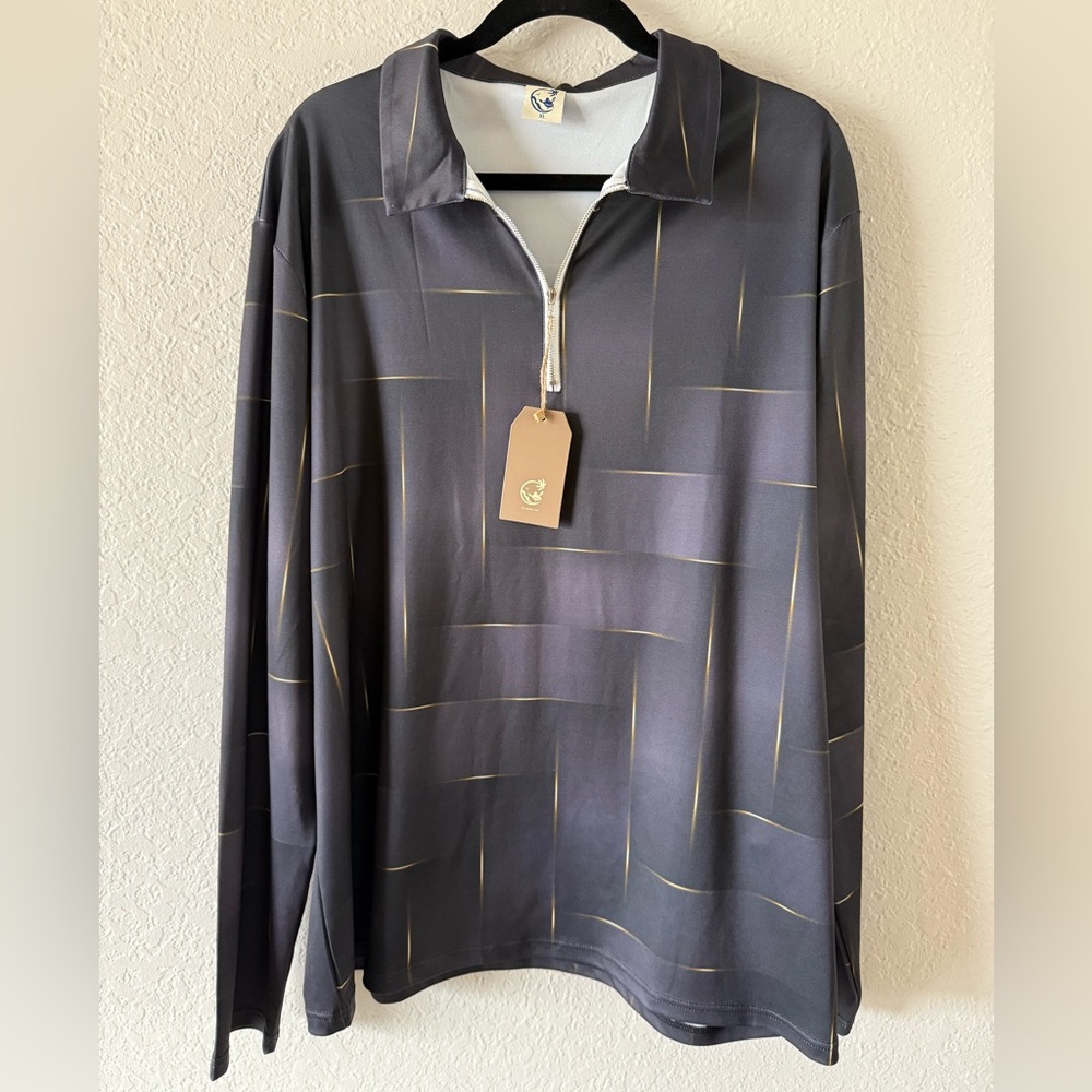 NWT Hardaddy 1/4 Zip Long Sleeve Golf Shirt Breathable Charcoal Black Gold XL